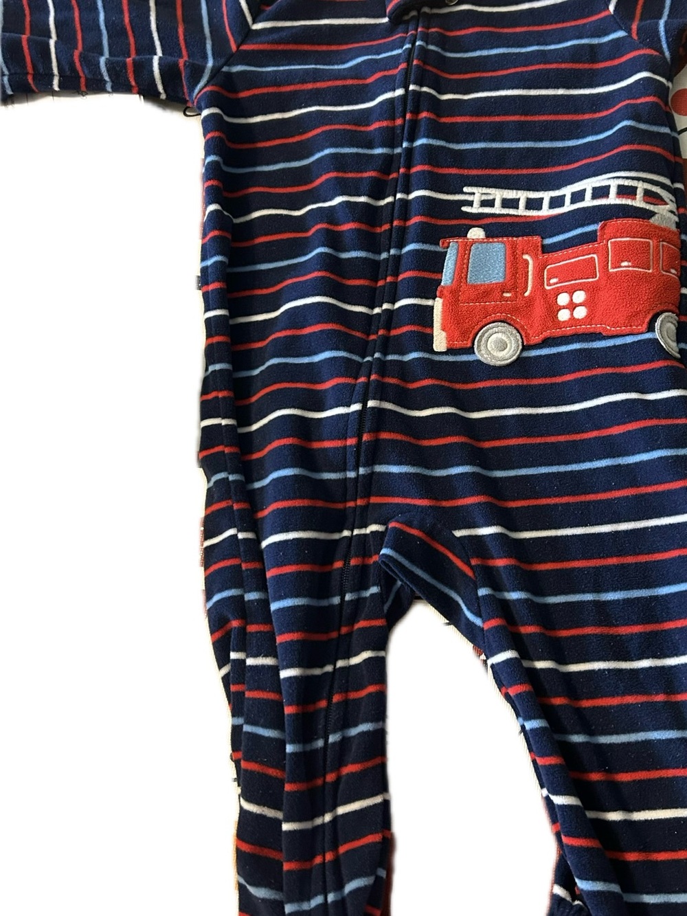 Carter's Navy Striped Footie with Red Fire Truck Applique